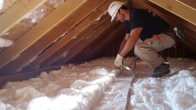 a construction worker in a white hardhat is installing insulation in an attic